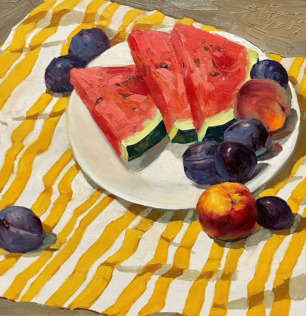 Watermelon and Plums on a Striped Cloth
