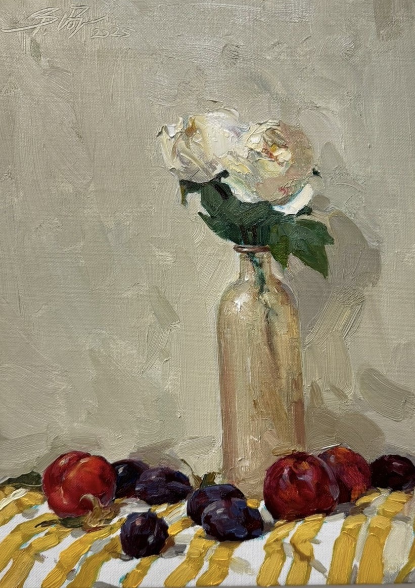 Still Life with White Roses and Plums