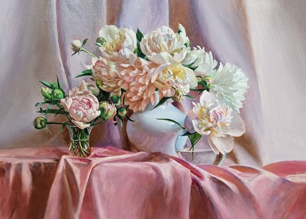 Peonies on Pink Drapery